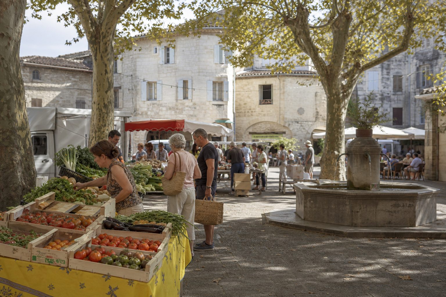 Marché hebdomadaire sur la place d’un village français